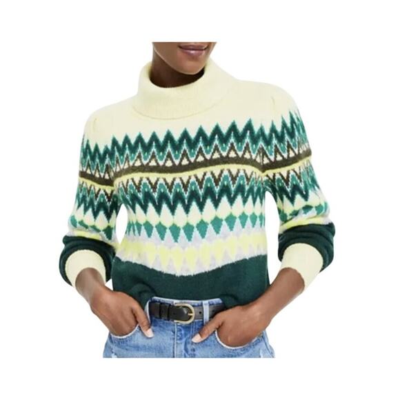 Ann Taylor LOFT Sweater Women XS Chevron Stitched Brilliant Emerald Turtleneck - Picture 8 of 8